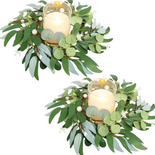2 Pack Greenery Candle Rings Wreaths 4 Inch Center Artificial Eucalyptus Leaves Wreaths with Pearl Berries Small Boho Wreath Pillar Candle Holder for Wedding Home Door Tabletop Decor (Green)