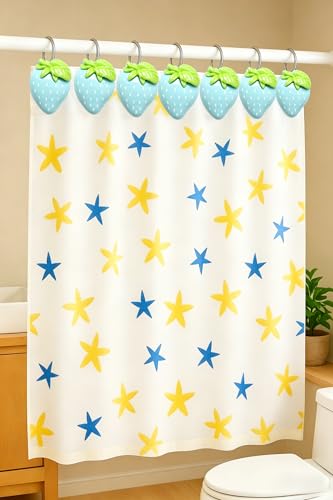Image of Blue Strawberry Shower Curtain Hooks 12 Pack Resin Decorative Shower Curtain Hooks Cute Fruit Bathroom Curtain Hangers for Standard Shower Rod
