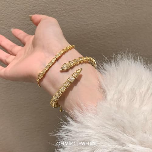 Snake Bracelet for Women, 14K Gold Plated Adjustable Open Cuff Bangle with Zircon Rhinestone Crystal, Christmas Valentine's Day Gift for Her, Gold/Rose Gold/Silver4