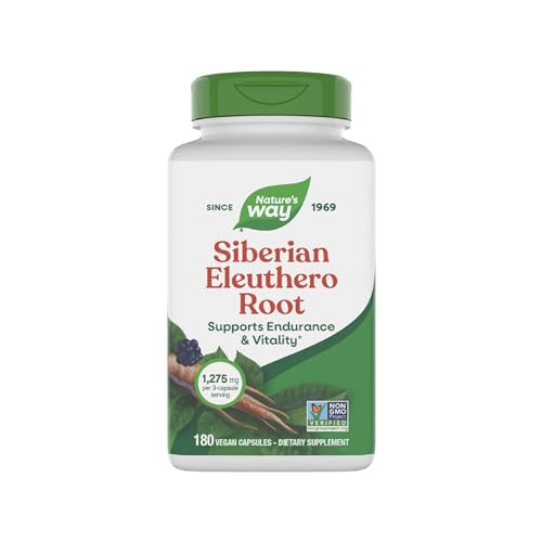 Natures Way Premium Herbal Siberian Eleuthero Root Supplement Supports Endurance & Vitality* Adaptogen* 1 275mg per 3-Capsule Serving Non-GMO Project Verified 180 Capsules (Packaging May Vary)