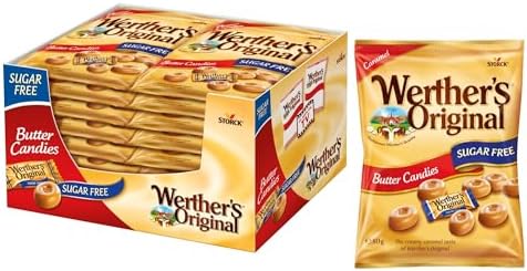 Werther’s Original Sugar-Free Butter Candies, Classic Caramel Flavour, Gluten-Free & Vegetarian, 80 g (Pack of 18 Bags)