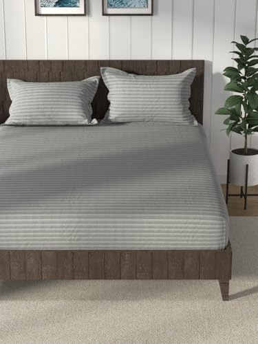 Image of NAUTICA Cotton King Bedsheet with 2 Pillow Covers -3pc Set (noridge) | 160TC | Super Soft Touch Stripe-Grey