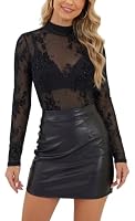 YUTILA Damen Mesh Oberteil Langarm Transparent Spitze Stehkragen Elegant – Ansicht 2