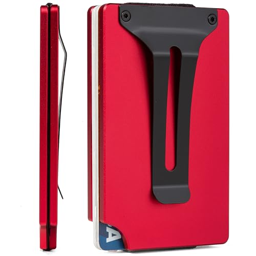 Image of Minimalist Carbon Fiber Wallet for Men, Money Clip Cash Strap Wallet, RFID Blocking Metal Wallet Aluminum Card Holder,Front Pocket Wallet(Matte Red)