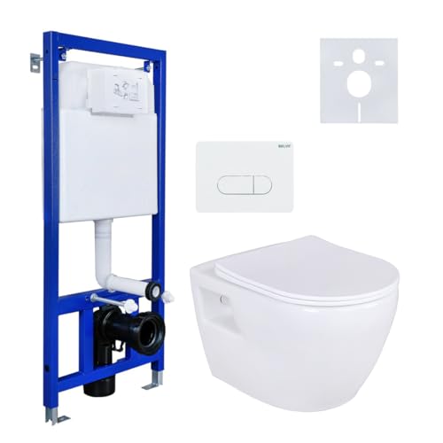 BELVIT Hänge-WC Komplettset Weiß - wandhängendes WC aus Sanitärkeramik mit Vorwandelement 3/6 L, Betätigungsplatte und Belvit Softclose WC-Sitz aus Duroplast