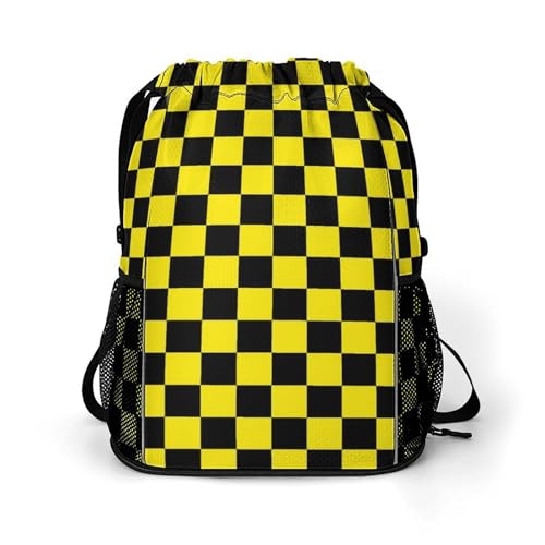 Yellow Black Checkered Chessboard Flag Drawstring Backpack Sports Gym String Bag Sackpack Water Resistant Pockets for Women Men