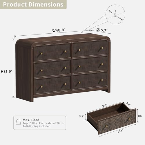 Image of Oak&Sparrow 6 Drawer Dresser for Bedroom, 49'' Rattan Dresser with Ample Storage, Boho Chest of Drawers, Thickened Curved Profile Design, Dark Walnut Dressers for Bedroom, Living Room