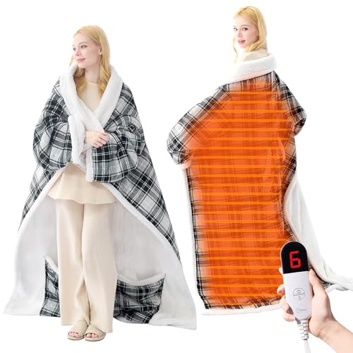 PTQ Electric Heated Blanket Wearable Throw with Foot Pocket &