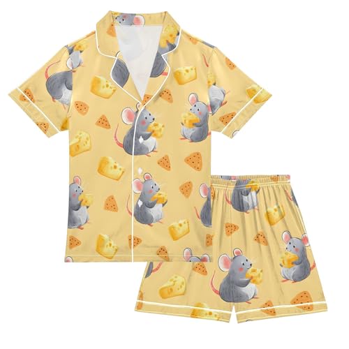 Funny Mouse Cheese Pajamas Set Soft Satin Pjs Sets 2 Piece Short Sleeve Sleepwear Casual Loungewear