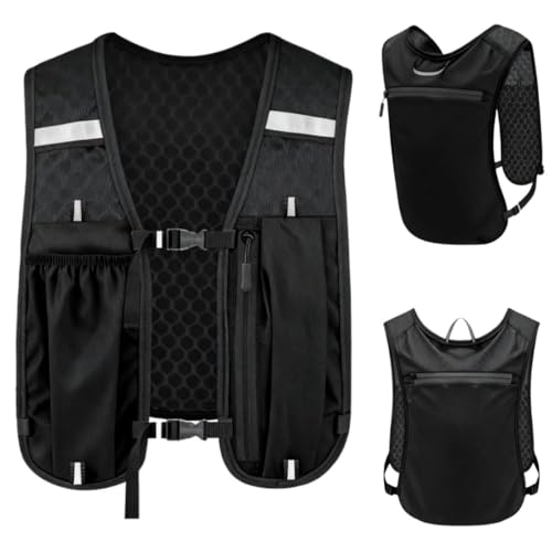EYWILYWI Unisex Running Vest Lightweight Backpack Breathable Reflective Adjustable with Phone Holder & Storage for Outdoor Sports Marathon Trail Running Hiking Cycling (Black)