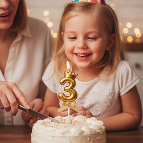 Image of Rozi Decoration Number 3 Birthday Candle for Cake with Crown Design | Gold Metallic Number Candle with Stick | Third Birthday Cake Topper for Baby, Kids and Family Celebration