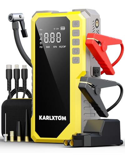 Karlxtom Arrancador de Baterias de Coche 4500A, Compresor de Aire de 190 PSI (Toda Gasolina o 10L Diésel)，Entrada/Salida Alimentación de Arranque, Linterna LED de 500 Lúmenes, Pantalla LED