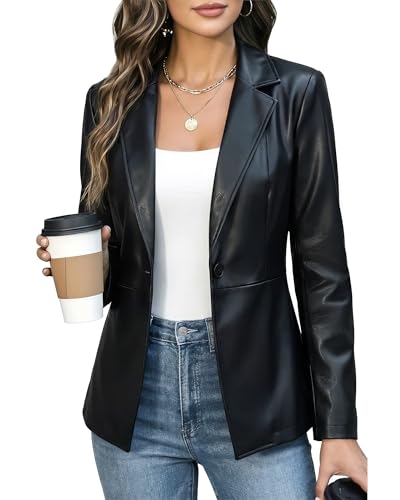 Ommiivex Faux Women Leather Blazer Dress Fit Suit Jacket Formal