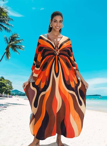 Image of Yanziliu Kaftan Dress for Women,Plus Size Hawaiian Batwing Sleeve Beach Cover Up Summer Swimsuit Dresses