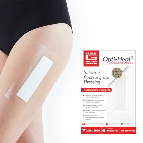 Neo G Opti-Heal Silicone Surgical Dressing – Sterile Adhesive Bandages for Surgical Wounds, Cuts, Abrasions - Absorbent Barrier Island Dressing 4x8 - Waterproof Bandages Post Surgical- 2 Pack