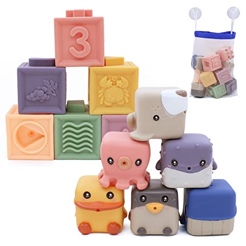 Image of MARUMINE 12PCS Baby Soft Stacking Blocks Squeeze Teething Toys, Educational Montessori Sensory Toy for 6-12 Months Babies