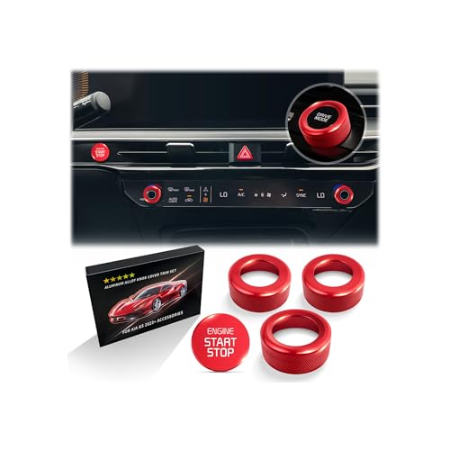 Polodunn for Kia K5 2025-2026 Accessories (EX/LXS/GT/GT-Line) 4pcs Aluminum Alloy Knob Cover Trim Set (Red) - Push Start Air Conditioning & Drive Mode. Interior Upgrade & Tool-Free Install