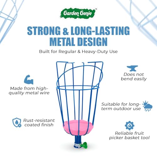 Image of Garden Genie Fruit Plucker from Tree | Metal Fruit Picker Basket Tool with Adjustable Clamp | Lightweight Fruit Catcher for Mango, Lemon, Apple & More