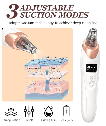 Blackhead Remover Vacuum 3 Suction Power Mode Blackhead Remover Tool with 5 Suction Heads Blackhead Extractor Rechargeable Comedone Extractor,Pore Vacuum Whitehead Remover Suitable for Women and Men - Image 3