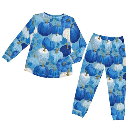 Autumn Blue White Pumpkins Soft Pajama Set for All Seasons,Breathable Pjs Long Sleeve Sleepwear,Comfy Loungewear 2 Piece Underwear Set 8T2