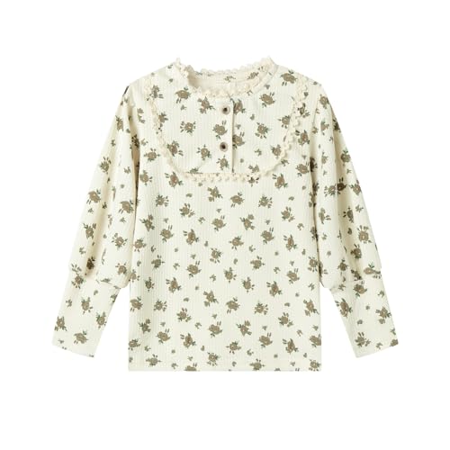 Image of Mud Kingdom Girls Long Sleeve T-Shirts Crew Neck Tee Pullover Floral Button Retro Casual Tops