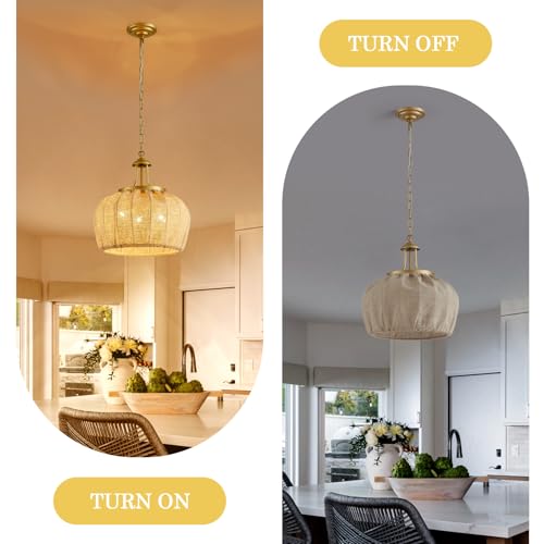 Cabvope 16" Boho Chandelier Simple Fabric Cloth Art Bedroom Pendant Light Indoor Home Dining Room Chandelier Hanging Light Fixture for Living Room Office Golden Metal Frame — view 4