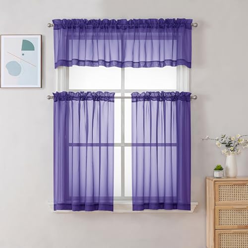 Image of Chyhomenyc Sheer Purple Tier Curtains 24 Inch Length, Small Window Curtains Treatment for Bathroom Living Room Basement, Short Rod Pocket Cafe Curtain, 42W x 24L Inches, 2 Panels