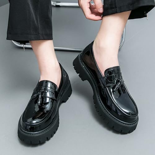 Image of Mens Leather Slip-On Platform Dress Tassels Loafers Non-Slip Low Top Round Toe Chunky Penny Shoes for Business Casual Dress Prom Party