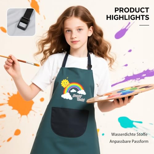 Malschürze Kinder,Schürze Kinder Schule Mit Taschen,Dunkelgrün Malkittel 11-15 Jahre,Kinderschürze,Mal Schürze Schule Verstellbar,Wasserdicht Bastelschürze Junge,für Malerei Kochen Backen (Regenbogen)