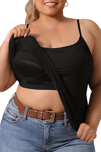 DAGGLOSE Plue Size Women's Tank Top with Built-in Bra - Racerback Summer Camisole Top U Neck Ribbed Beach Fashion Clothes (US, Alpha, 3X, Plus, Regular, Black)