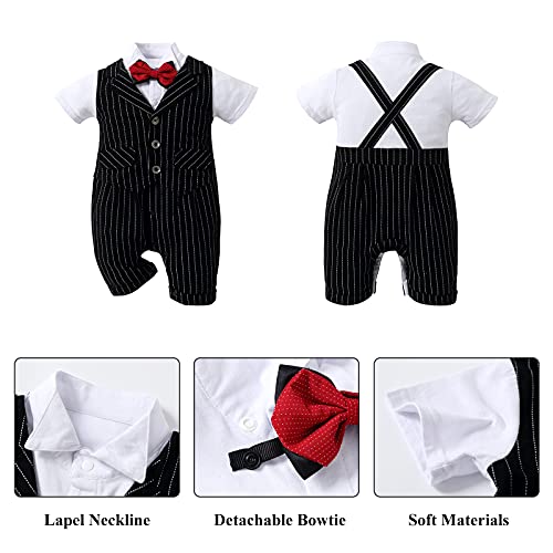 Kgurtagh Baby Boy Tuxedo Suit, Short Sleeve One-Piece Romper & Beret & Bowtie, Newborn Boys Formal Outfits, Infant Boy Dress Clothes (3Pc, 0-24 Months),Black,0-3M #TOP3