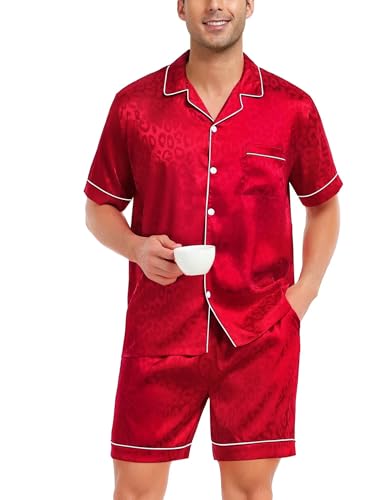 Image of SWOMOG Satin Matching Pajamas Sets Couple Silk Button Down Nightwear Women & Men Short Sleeve Sleepwear 2 Pieces Loungewear