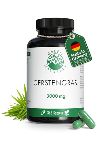 Gerstengras Kapseln - natürlich & rein - Hochdosiert: 3.000 mg mit 10:1 Extrakt - 365 Kapseln (3 Monate) – Premiumqualität aus Deutschland – Vegan & laborgeprüft – Green Naturals® Gerstengras Kapseln - natürlich & rein - Hochdosiert: 3.000 mg mit 10:1 Extrakt - 365 Kapseln (3 Monate) – Premiumqualität aus Deutschland – Vegan & laborgeprüft – Green Naturals®