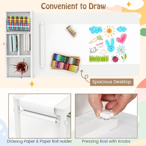 Image of Costzon Kids Table and Chairs, 3-in-1 Wooden Art Drawing Desk Set (White) | Toddler Table w / 4 Fabric Bins, Multiple Open Storage Compartments & a Paper Roll for Painting, Writing, Reading, Craft