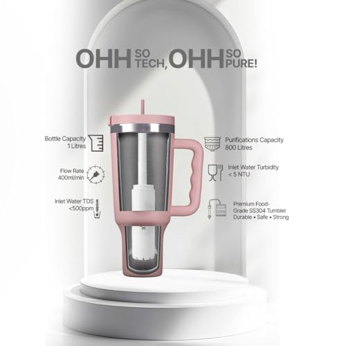 Image of ZeroB H2OHH Tumbler with Purifier | 1 Litre SS304 Tumbler | Removes 99.9% Bacteria & Viruses | Eco-Friendly | Travel, Gym, Office, College | 2 Extra Filter Pads, 2 Straws Included. (PINK)