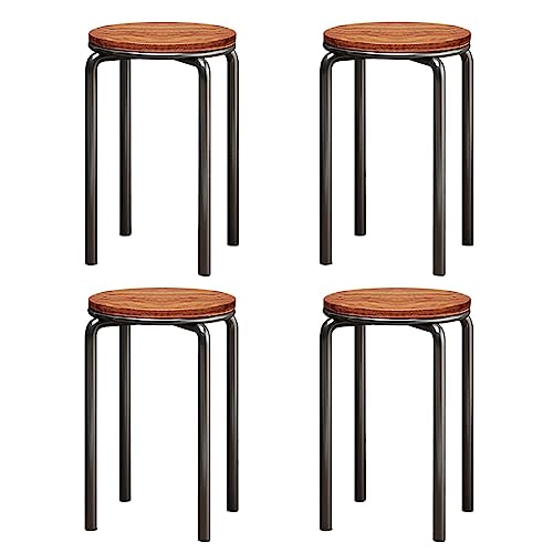 Rukulin Stacking Stools Set of 4 18 H Backless Round Wooden Top Portable Stackable Stools with Metal Frame (Brown)