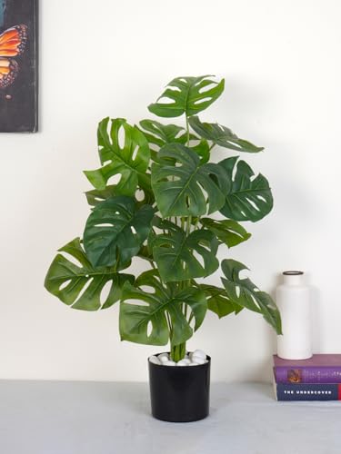 Image of ARICK Decor 2.1Ft Artificial Monstera Plant with 18 Leaves, 65cm Tall Faux Tropical Split-Leaf Potted Tree in Black Pot, Realistic Large Silk Leaf Fake Plant for Living Room, Office & Home Decor