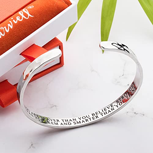 Carviell Inspirational Bracelets For Women, Encouragement Gifts, Women's Bracelets, Mantra Bands You Are Stronger, Motivational Cuff, Gifts For Your Best Friend, Engraved Silver Bangle #TOP2