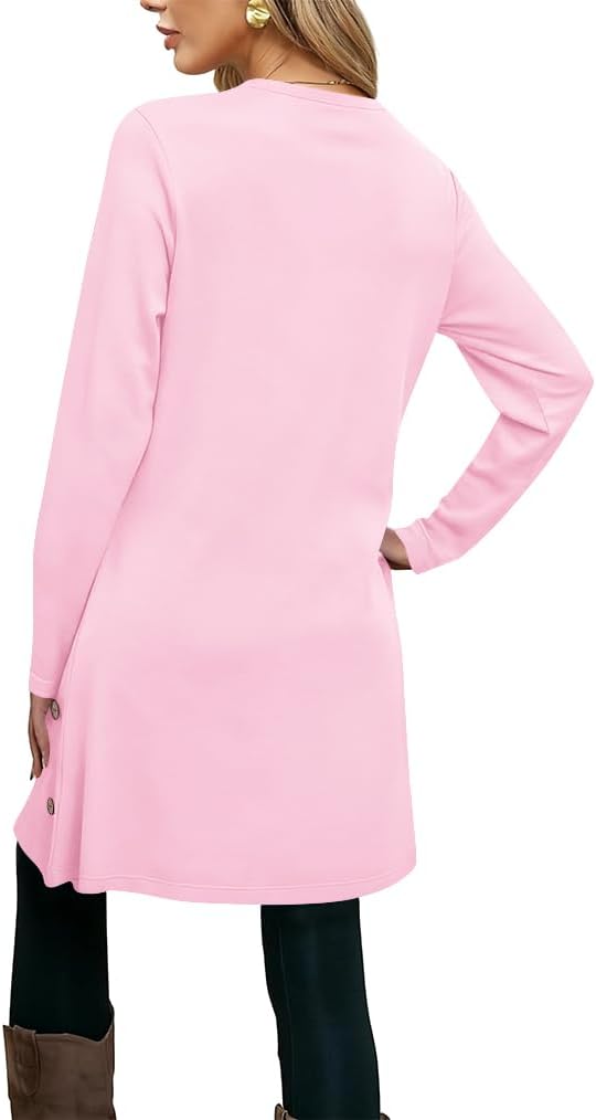 Poetsky Womens Tunic or Tops to Wear with Leggings Long Sleeve Side Buttons Swing Casual Long Shirts with Pockets S-3XL - Image 2