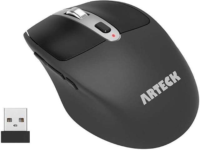 Arteck 2.4G Wireless Mouse with Nano USB Receiver Ergonomic Design Silent Clicking with Side Switch Buttons for Computer / Desktop / PC / Laptop and Windows 10/8/7 Build in Rechargeable Battery Black