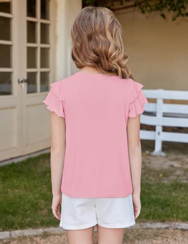 Image of Arshiner Girls T Shirts Ruffle Short Sleeve Summer Pleated Crewneck Casual Tops Tees Blouses