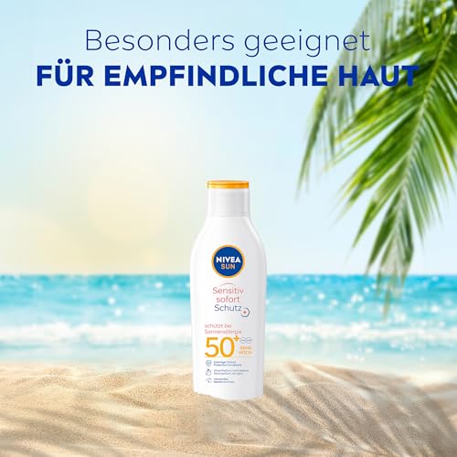 NIVEA SUN Sensitiv Sofortschutz Sonnenlotion LSF 50+, Sonnencreme mit LSF 50+ für empfindliche Haut, wasserfester & parfümfreier Sonnenschutz bei Sonnenallergie (200 ml) 5