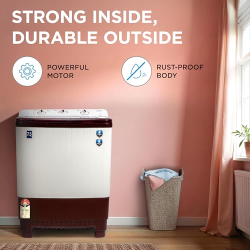 Image of Midea 7.5 kg 5 star Semi Automatic Top Loading Washing Machine, Maroon, Rust proof Body, Air Dry Function (MWMSA075PPG(MW), Rat Away Feature)