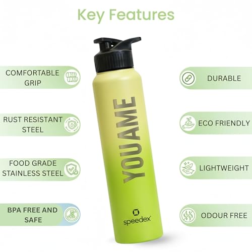 Image of Speedex Customised Stainless Steel Water Bottle 1 Ltr with Name - Personalised Engraved Sipper Cap Bottle for Kids, Men & Women, School, Gym, Office Lime Green, Set of 1