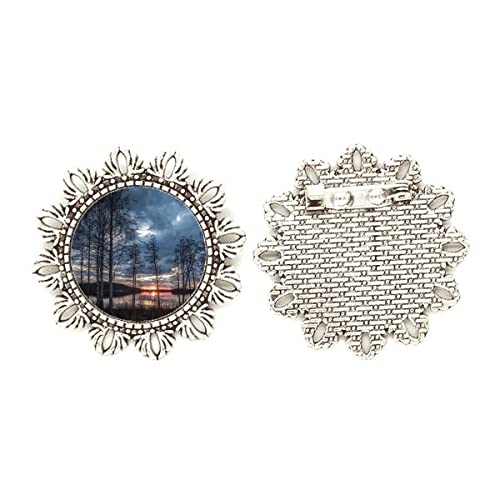 Broche de gancho para el pecho con diseño de flor de plata y paisaje natural