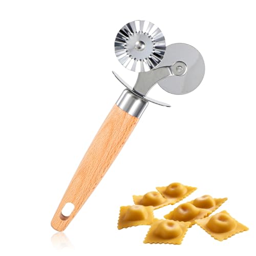 JIEYAO Double-Blade Pastry Cutter Wheel, Pasta Cutter Crimper Wheel, Ravioli Cutter with Hanging Hole Dual Head Wheel Pastry Roller with Wooden Handle for Pasta Pizza Ravioli Cookie Cutter