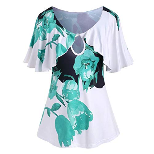 DEELIN Femmes Mode Blouse T-Shirt Fleur Imprimer À Manches Courtes À Volants Châle Col Rond D'été Lâche Casual Blouse Tunique Tops Grande Taille Cover