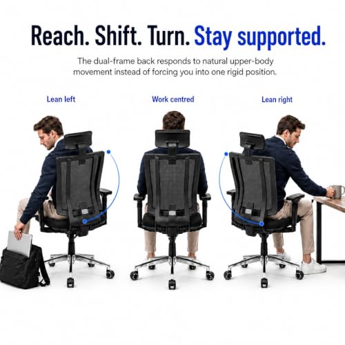 Image of MAKTUNE Flex High Back Ergonomic Office Chair for Work | Adaptive Dual-Frame Mesh Back, Auto-Weight 90-135 Recline, 3D Armrests, Adjustable Headrest, Aluminium Base, Tested 200 kg