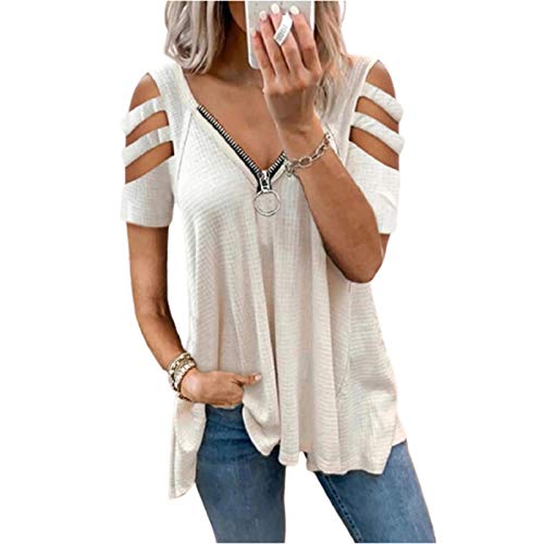 CAISYE Damen Chiffon Elegant V-Ausschnitt Blusen Oberteil, Reißverschluss Solide Tunika Tops, Sommer Lose Langarmshirt T-Shirt Frauen Sexy Oberteile Hemd,Kurzarm weiß b,L Cover