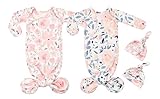 Vollmic Newborn Baby Knotted Sleeper Gown with Mittens Long Sleeve Nightgown Coming Home Outfit with Hat 2 Pieces (Light Pink and Ink Pink, 0-3 month)
